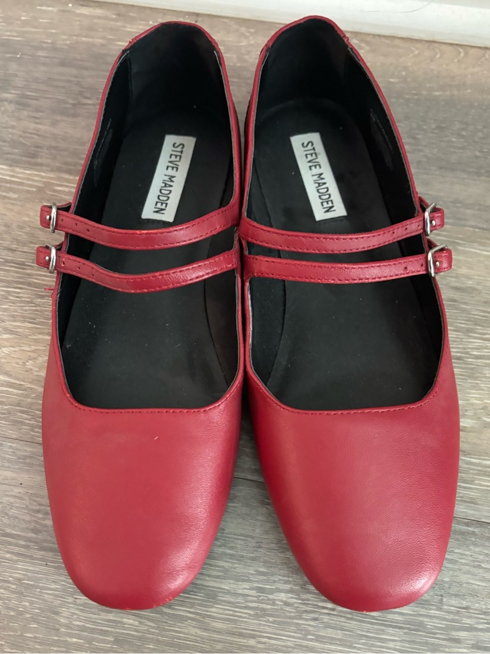 Steve Madden Alisah - Women’s Red Leather Double-Strap Mary Jane Flats